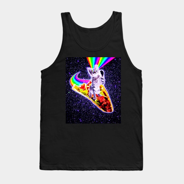 Rainbow Laser Eyes Galaxy Cat Riding Taco Tank Top by Random Galaxy